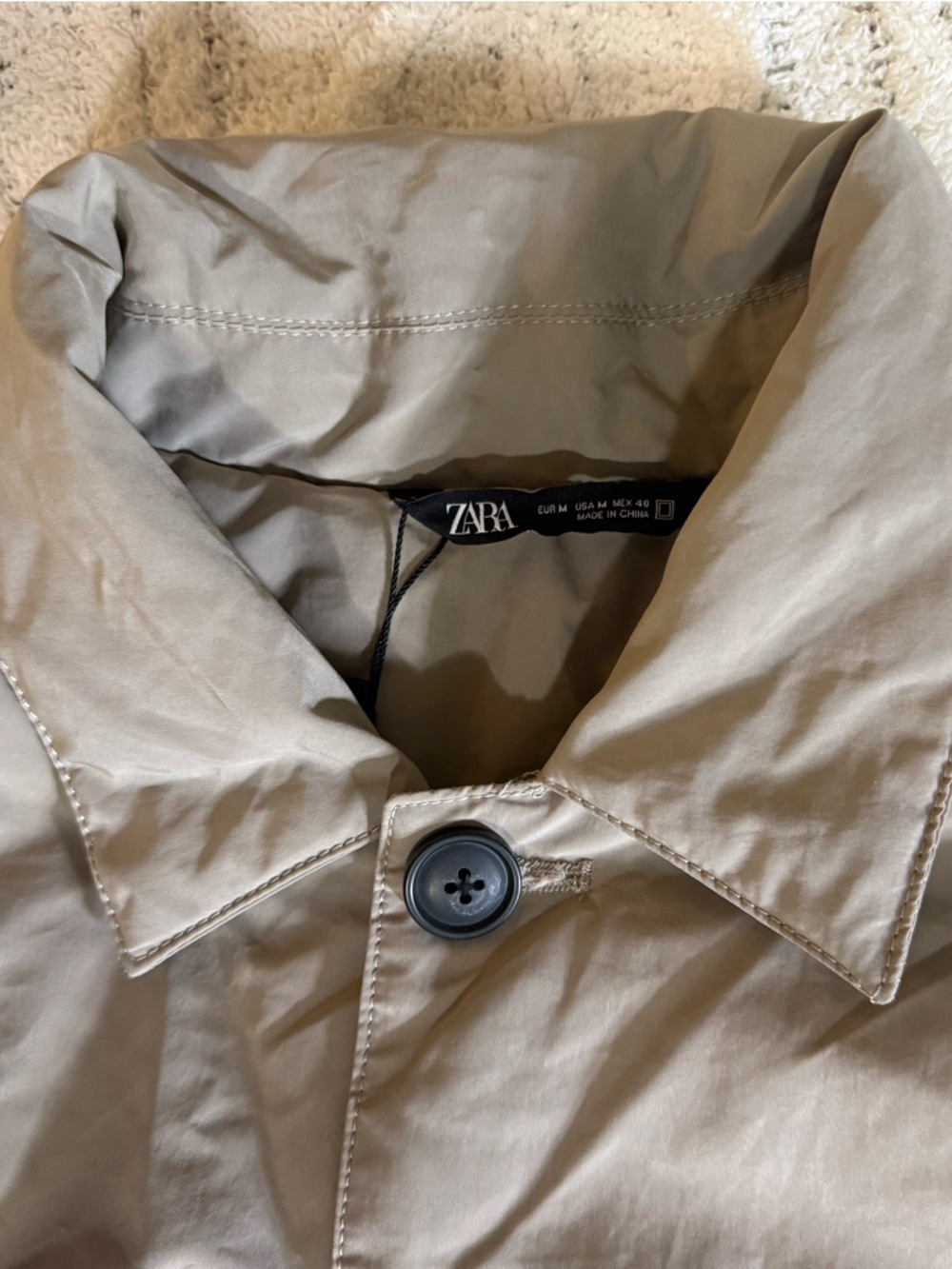 Zara Men’s Padded Trench Coat Beige Medium Zip Button Overcoat Jacket NWT - Picture 4 of 15